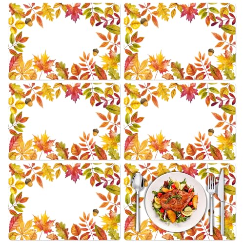 Yellow Maple Fall Plastic Placemats Set of 6 - Wipeable Autumn Table Decor 11x15.7 Inches
