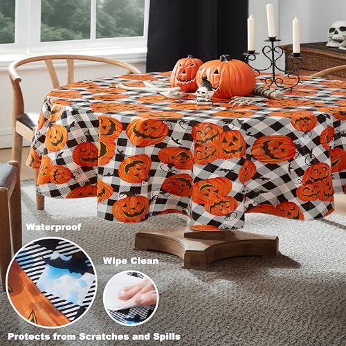 Halloween Jack O' Lantern Vinyl Tablecloth 60 x 84 Inch Oval with Flannel Backing