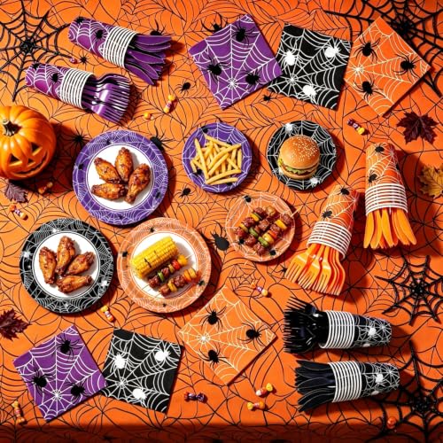 Halloween Spider Web Party Tableware Set for 24 Guests - Plates, Napkins, Cups, Forks & Tablecloths