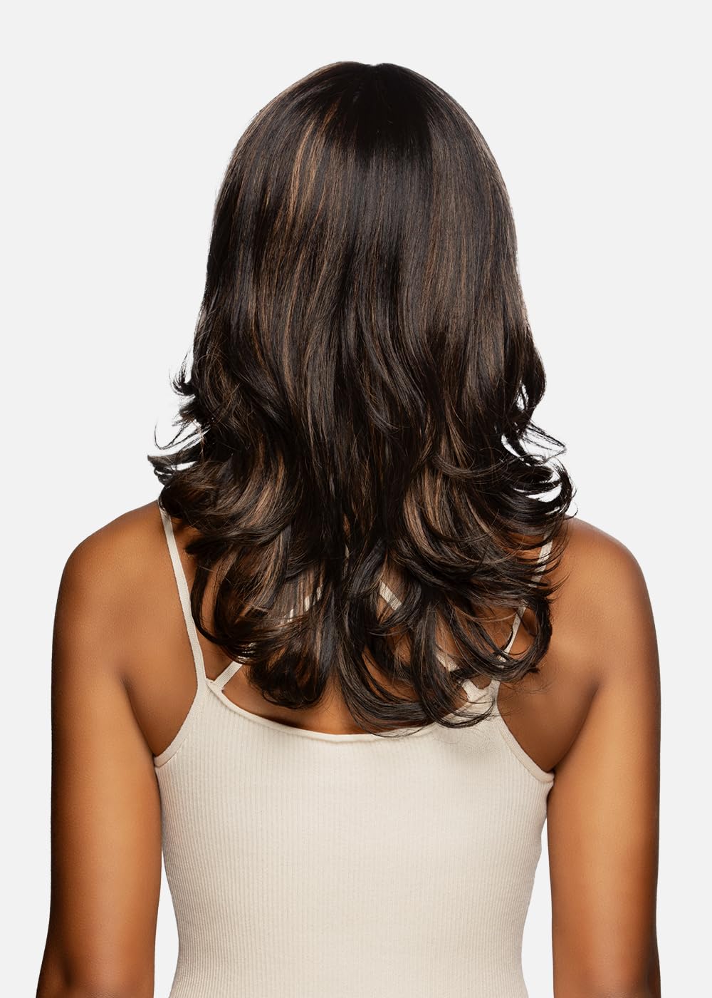 Vivica A. Fox BRIE-V, Futura Synthetic Heat Resistant Fiber, Pure Comfort Cap, Straight Top Style with Layered Loose Curl Flip Full Wig (1 Jet Black)