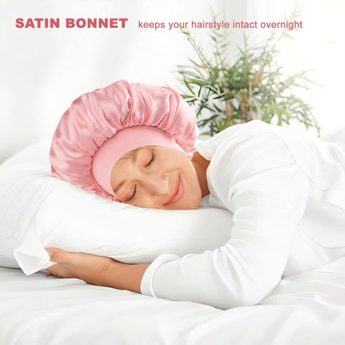 Silk Satin Bonnet for Sleeping Women，Double Layer Silk Satin Sleep Cap with Elastic Band for Natural Curly Hair(1PCS,Pink)