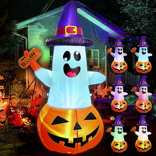 5FT Halloween Inflatable Pumpkin Ghost with Multi-Color Flashing LED Yard Decor
