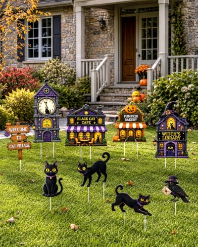 Halloween Yard Signs Outdoor Decorations Set - Black Cat Village Scene, 12 Pcs