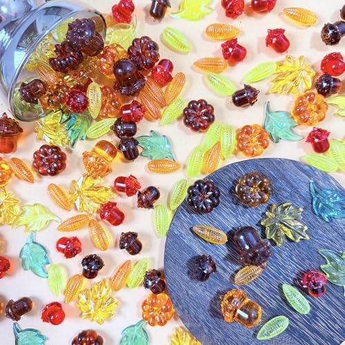 Thanksgiving Fall Vase Filler Set - 140Pcs Acrylic Pumpkins Acorns Leaves & Gems