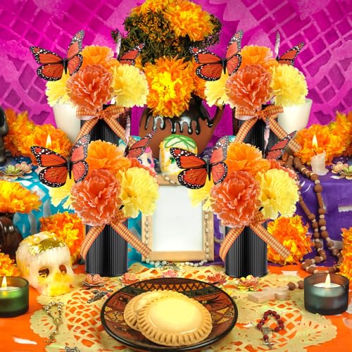 Dia De Los Muertos Altar Decorations Set - 110 Pcs with Marigold Flowers Monarch Butterflies Ribbon