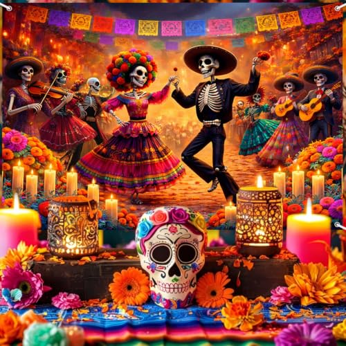 AIBIIN Day of the Dead Photo Backdrop Banner 6x3.6ft - Orange