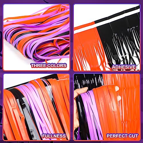 Halloween Tinsel Foil Curtain Set - Black, Orange & Purple, 3.3x6.6ft, Photo Booth Backdrop - Variation of Black Purple and Orange