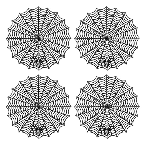 Halloween Spider Web Placemats Set of 4 - Black Round Washable Table Decor