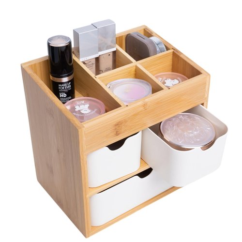 Ninebendstreams Bamboo Makeup Organizer with 3 Drawers, Dresser Cosmetic Organizer Box,Bamboo Desk Organizer for Home with Adjustable Dividers