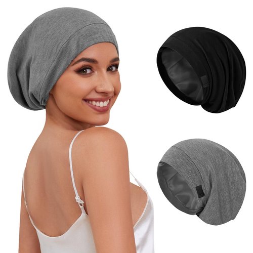 Kafteri 2 PCS Satin Silk Bonnet for Sleeping Women,Double Layer Hair Wrap Sleeping for Women Men, Silk Satin Lined Beanie Sleep Cap for Curly Hair Adjustable