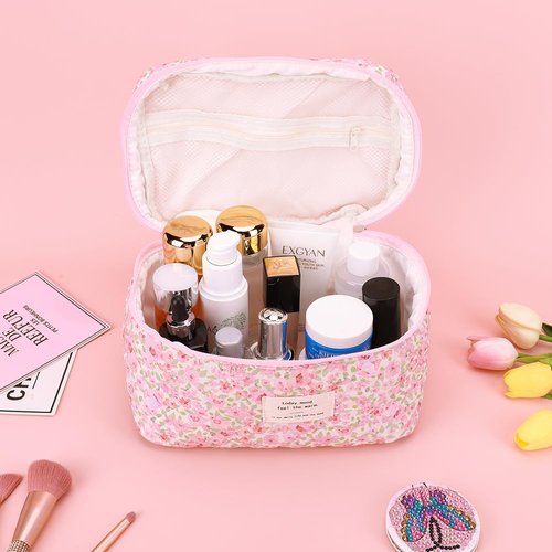 BBIQI Quilted Makeup Bag Set 3 Pcs Cotton Cute Makeup Bags For Women Large Aesthetic Floral Cosmetic Bag Coquette Flower Makeup Pouch
