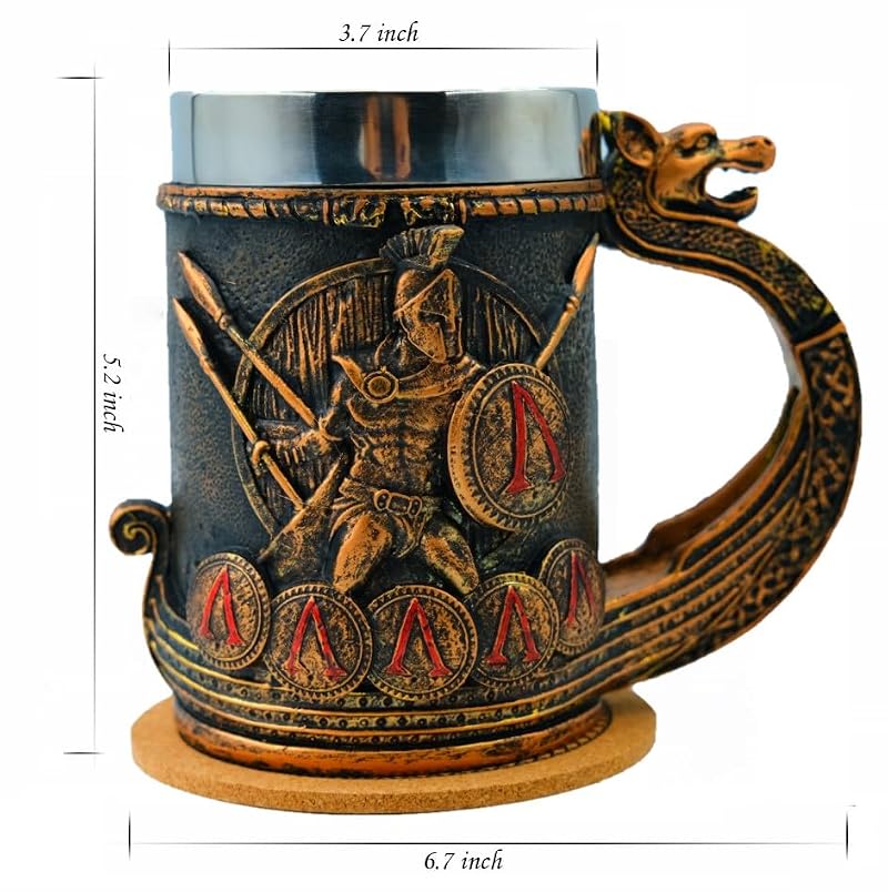 Sparta Viking Mug - 18oz Stainless Steel Norse Drinking Cup with Unique Design - Viking Decor & Gift for Men
