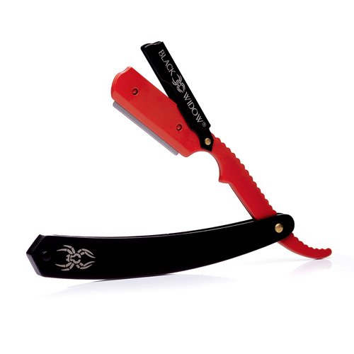 Black Widow Professional Barber Straight Edge Razor – Stainless Steel Shavette, 1.5 mm Blade Exposure, Matte Black & Red, 10 Double Edge Blades (20 Single-Edge) for Lineups & Beard Shaping