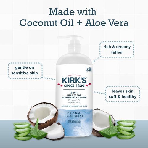 Kirk's 3-in-1 Head to Toe Nourishing Liquid Cleanser & Travel Size Bar Soap - for Men, Women & Children - Premium Coconut Oil and Aloe Vera- Non GMO & Vegan -Original Fresh Scent - 32 Fl Oz. 2 pack