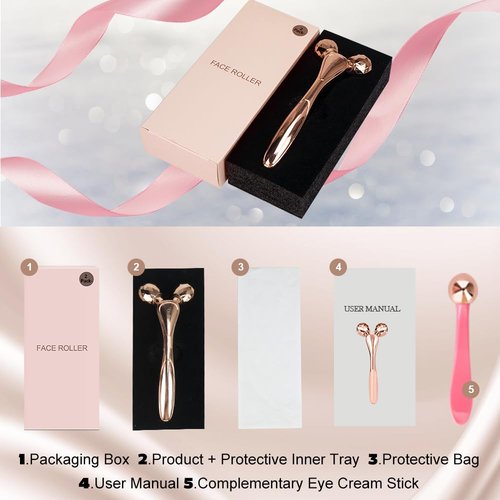 ORCLEENA 3D Face Roller Metal Facial Massager Face Sculpting Gua Sha Massage Tool for Eye Skin Care Reducing Puffiness Anti-Wrinkle for Women Girl Gift Set(Rose Gold)
