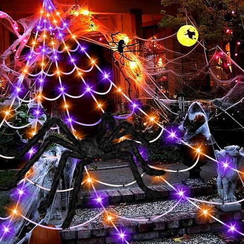 Halloween Spider Web Lights with Remote Control & Giant Spider - Outdoor Indoor Decor