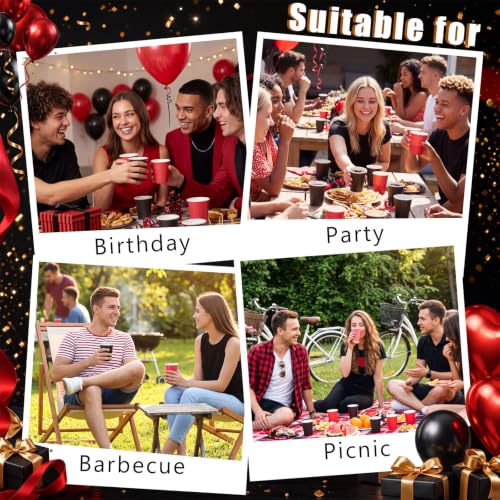 Disposable Paper Cups 8 oz Black and Red Set for Parties and Events - 300 Pack