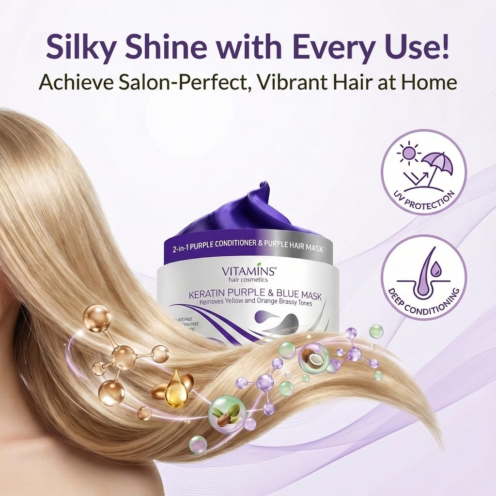 VITAMINS Keratin Purple Hair Mask - Deep Conditioner for Blonde, Silver, Gray & Brown Hair