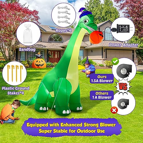 Giant Halloween Inflatable Dinosaur with Pumpkin & Witch Hat - 13Ft Yard Decor with LED Lights