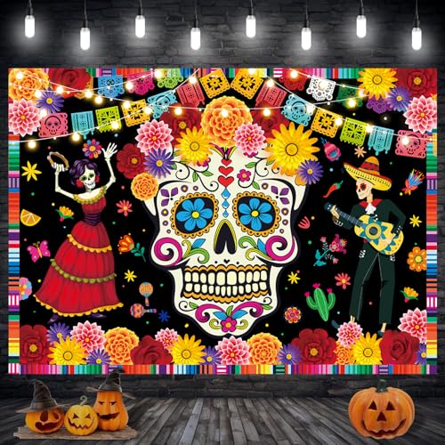 Day of The Dead Photo Backdrop Mexican Fiesta Sugar Skull Flowers - 8x6FT