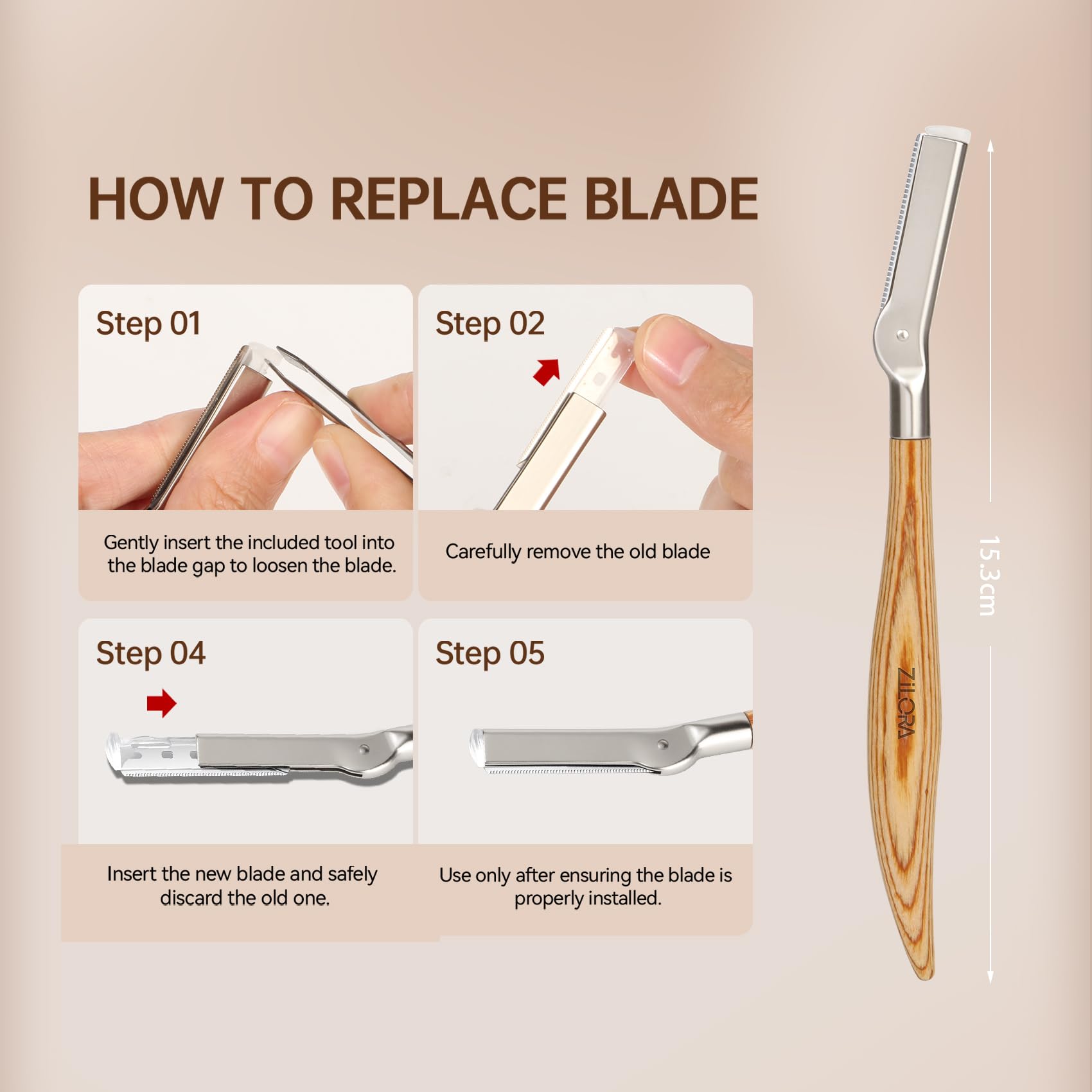 ZiLORA EyeBrow Razor with Safety Mesh Guard – Wooden Handle Eyebrow Trimmer for Women & Men, Includes 8 Replacement Blades & Leather Pouch for Peach Fuzz, Lip Hair & Brow Shaping