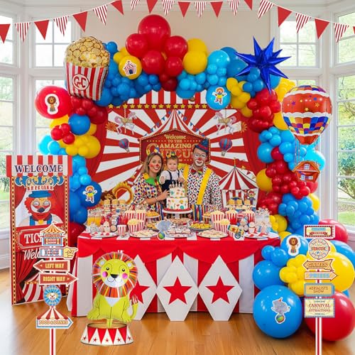 Carnival Theme Birthday Party Decorations Set - Red & Yellow Balloons, Foil Hot Air Balloons, Striped Banner, Backdrop & Signboard - Variation of THIS listing