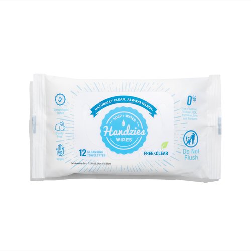 Handzies Natural Soap and Water Cleansing Towelettes- Free&Clear- 12ct Travel Pack- Bundle of 6 (72 total towelettes)