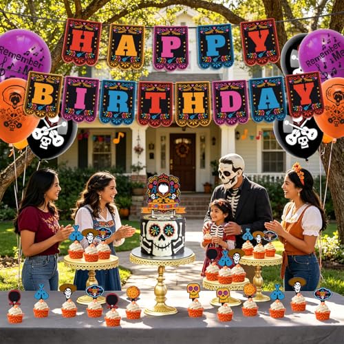 Day of the Dead Party Decorations Set with Banner Balloons Cake Toppers