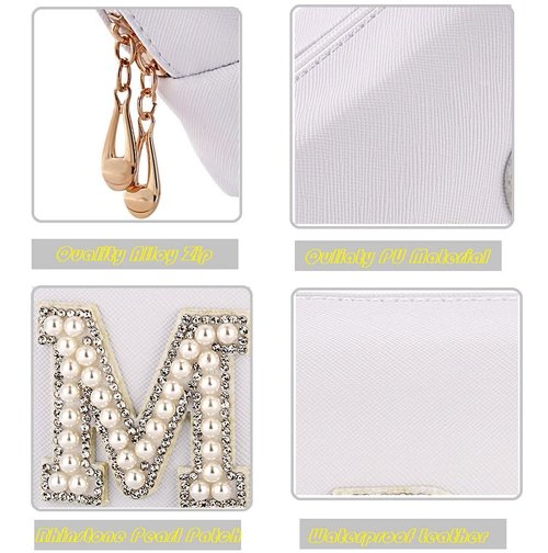 MIRIFRIGE Bride Patch MRS Cosmetic Bag,Pearl Rhinestone Letter makeup Toiletry Bag for Women, Portable Small PU Leather Waterproof bling Travel Purse Zipper Pouch Storage Organizer WH (Bride W)