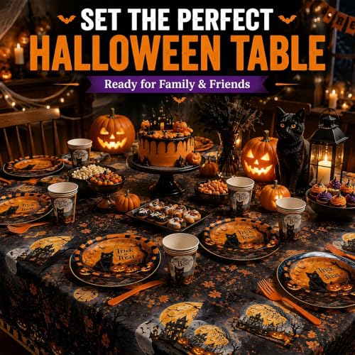 Halloween Party Supplies Set for 24 Guests - Plates, Napkins, Cups, Forks & Tablecloth - Halloween