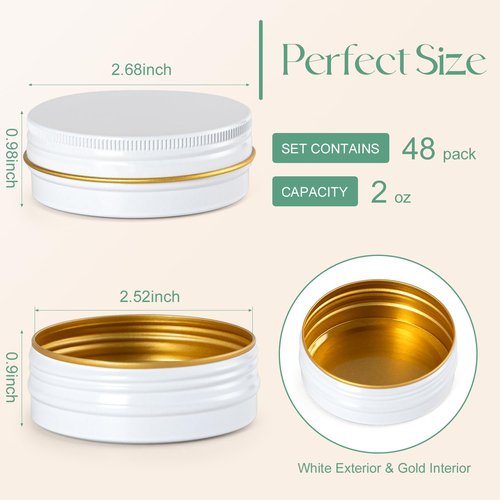 LIYAR Aluminum 2oz Tins with Lids (48 Pack), Empty Salve Tins Round Tin with Lids, Metal Containers for Salve, Homemade Balm, DIY Lotion Bars & Travel Storage - Recyclable, Durable (White and Gold)