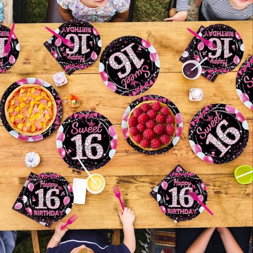 16th Birthday Party Plates Set - 24 Hot Pink Sweet 16 Dinner & Dessert Plates with Napkins & Forks - Variation of 16th Plates