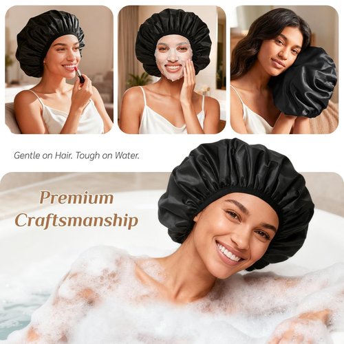 Extra Large Waterproof Shower Cap for Women, Double Layer Satin Lined Hair Bonnet for Curly Hair, Reusable Bath Cap with Elastic Edge for Long Thick Hair (Black)