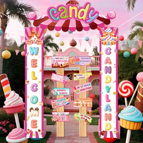 Pink Candyland Welcome Door Banner & Party Decorations - Kids Birthday & Holiday, Candy Theme, Halloween Christmas
