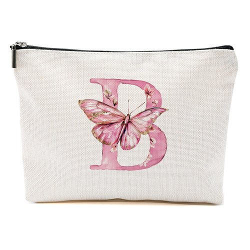 CSHVJ Initial Makeup Bag Pink Butterfly B Personalized Cosmetic Bag Monogrammed Gifts for Women Girls Bride Boss Monogram Zipper Pouch for Friendship Mothers Day Birthday Wedding Bridal Shower Gifts