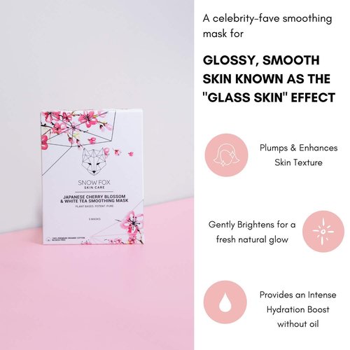 Snow Fox Japanese Cherry Blossom & White Tea Smoothing Sheet Mask – Hydrating Face Mask for Glass Skin Glow & Bridal Makeup Prep – Moisturizing Facial Skin Care for all Types – 5 Pack