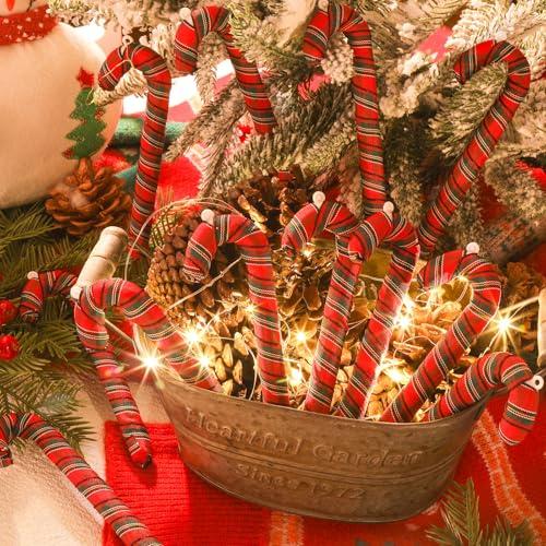 Red Plaid Candy Cane Christmas Tree Ornaments - Farmhouse Decor, 12 Pack