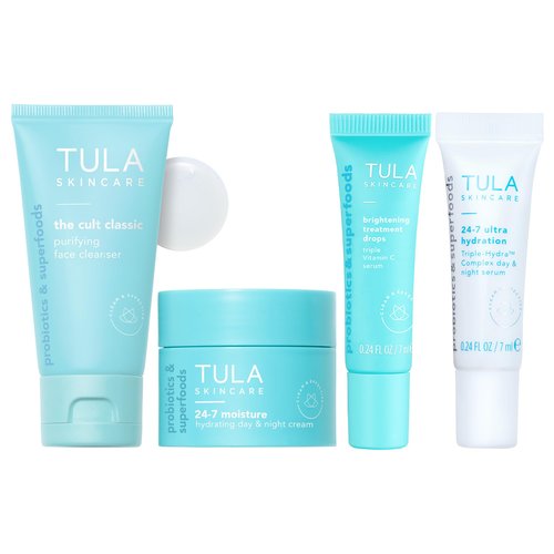 TULA Skin Care Best Sellers Mini Kit - Cult Classic Cleanser 1.7 oz, Brightening Treatment Drops 1 fl oz, 24-7 Day & Night Cream 0.5 oz, Hyaluronic Acid Serum, 4-Piece Kit