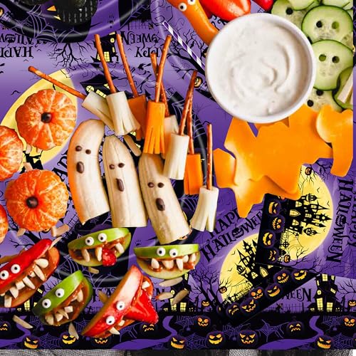 Purple Halloween Party Decorations Set - Banner, Tablecloth, Plates & Cups for 24 Guests