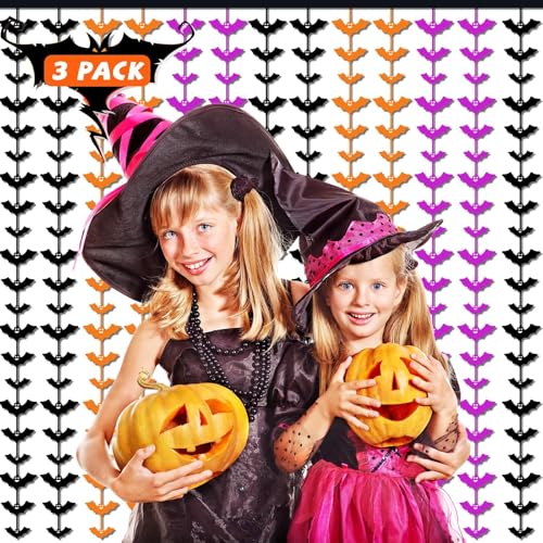 Halloween Foil Fringe Curtains 3 Pack Bats Tinsel Backdrop Party Decor - Purple, Orange, Black