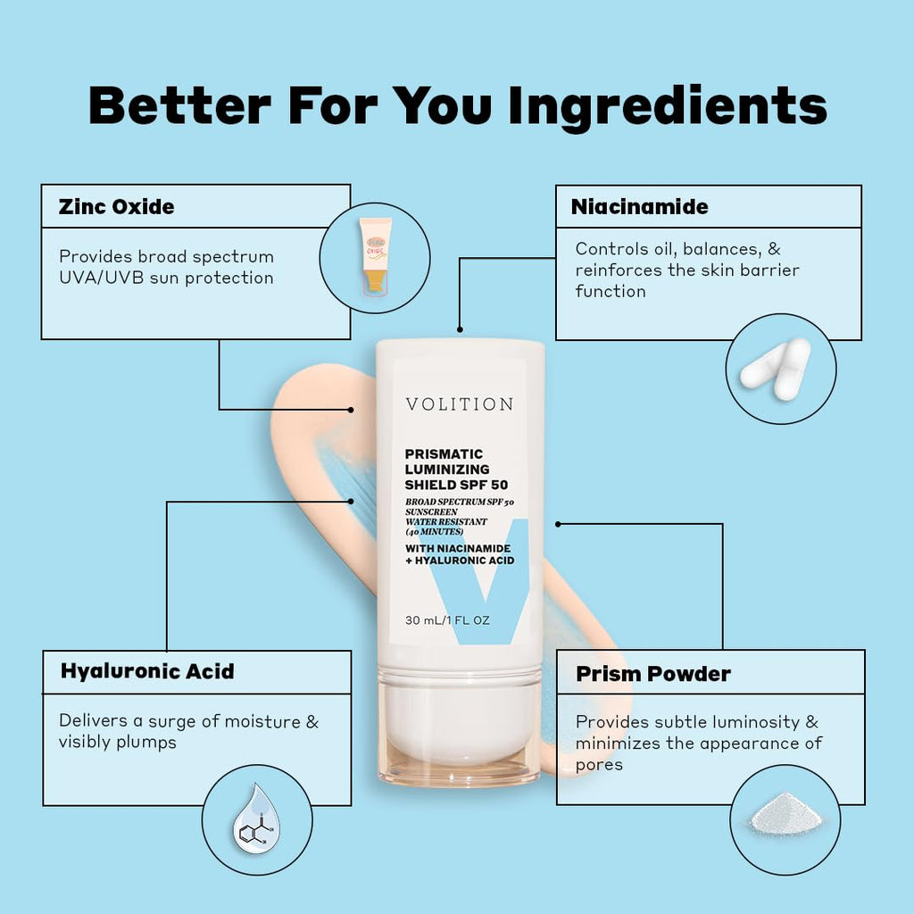 Volition Beauty Prismatic Luminizing Shield SPF 50 - Reef-Safe Mineral Sunscreen with Niacinamide & Hyaluronic Acid | Lightweight Moisturizer for Glowing Skin