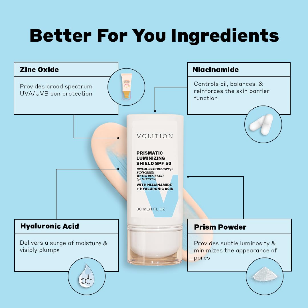 Volition Beauty Prismatic Luminizing Shield SPF 50 - Reef-Safe Mineral Sunscreen with Niacinamide & Hyaluronic Acid | Lightweight Moisturizer for Glowing Skin