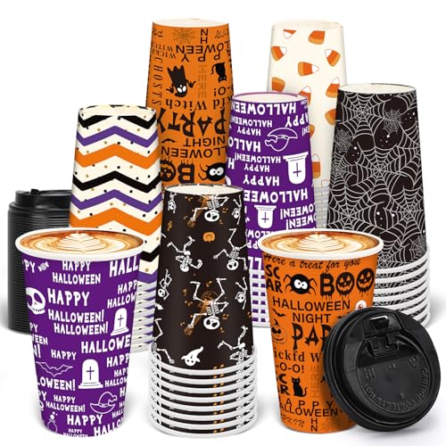 Halloween 16oz Disposable Coffee Cups with Lids - 48 Pack Party Supplies