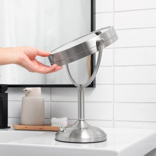 JERDON Lighted Tabletop Mirror with 10X/1X Magnification - LED Lighted Makeup Mirror with Multiple Light Settings in Nickel Finish - 8.5-Inch Diameter Vanity Mirror - Model JS8510BN