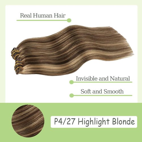 16 Inch P4/27 Blonde Clip in Hair Extensions - Real Remy Human Hair, 120g 7pcs, Highlight Blonde Human Hair Extensions Clip ins for Women