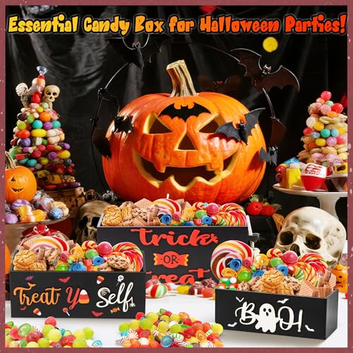 Halloween Wooden Candy Bowl Set - 3 Decorative Trick or Treat Snack Holders