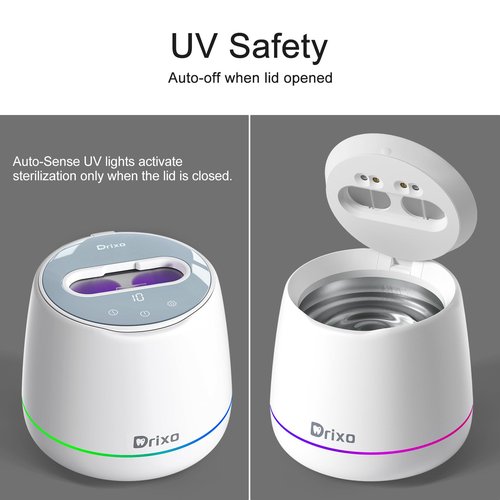 Drixo Ultrasonic Retainer Cleaner Machine, IPX6 Waterproof Dental Cleaning Pod, 3 Modes Denture Cleaner for Night Guard Mouth Guard Braces, 45kHz Denture Dome with UV Light, 200ML Tank, Arctic White