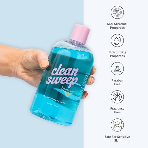 Relax and Wax Clean Sweep 2-in-1 Pre & Post Waxing Cleanser – No-Rinse, Anti-microbial & Moisturizing Formula – Removes Oil, Dirt & Makeup – Soothes & Preps Skin for Effective Waxing– 16oz