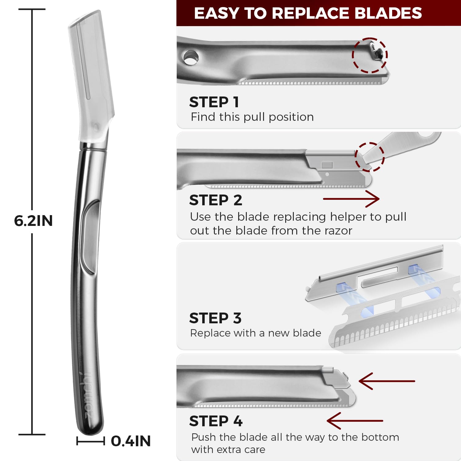 ZOMCHI Eyebrow Razor and Face Razor for Women and Men, Reusable Metal Handle with 11 Refill Blades, Dermaplane Razor with Protective Silicone Cap, Eyebrow Hair Trimmer - Polished Silver