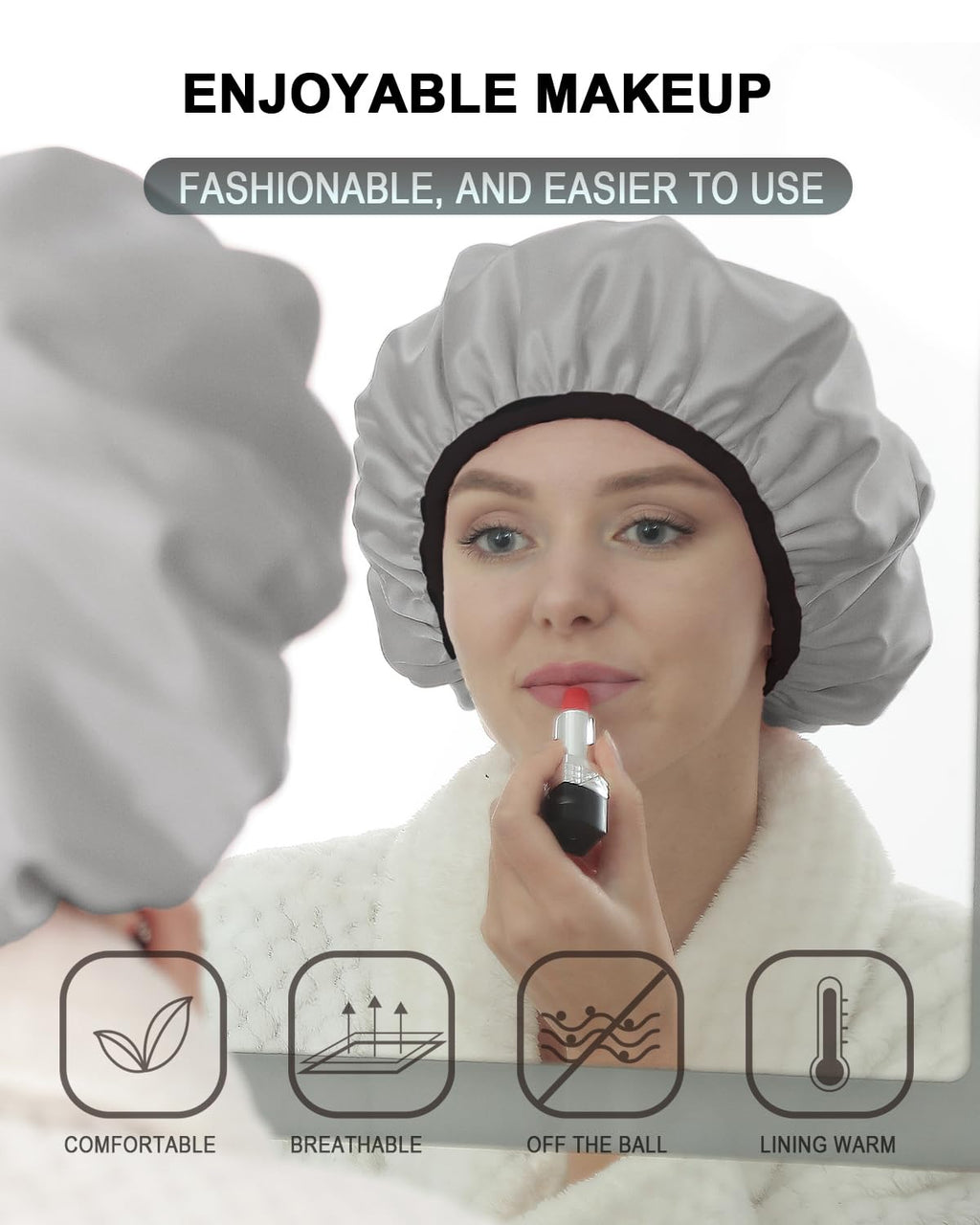 YIZIJIZI Triple Layer Reusable Waterproof Shower Cap for Women Large Terry Lined Hair Cap for Long Thick Hair Travel Bath Care Grey